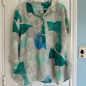 CHICO’S Size 3.5 US 18 No Iron Linen Print Button Back Tunic Top 3/4 Sleeves